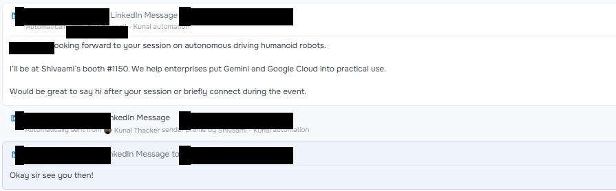 Redacted LinkedIn conversation in which a senior enterprise prospect agrees to meet at AI4
