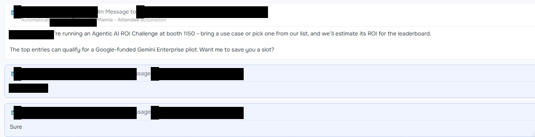 Redacted LinkedIn reply from a senior enterprise prospect accepting the ROI Challenge invitation