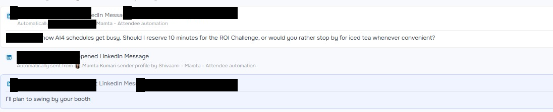 Redacted LinkedIn reply from an enterprise AI engineering prospect planning to visit the booth